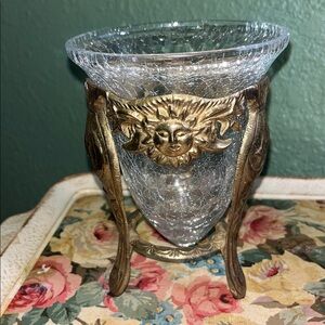 Vintage Brass Pedestal Celestial Sun Votive Candle Holder Stand Crackle Glass